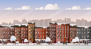 Vektör sanat şehir sahne donmuş. bir kar fırtınası sırasında Brooklyn'de karla kaplı sokak