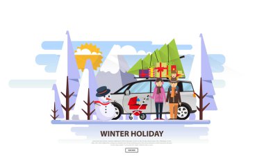 Noel ağacı ve mutlu aile vektör çizim ile aile arabası. -Vektör