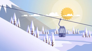 Kablo araba ulaşım ip yolu üzerinde dağ tepe doğa kış arka plan afiş kopya alanı düz vektör çizim ile 