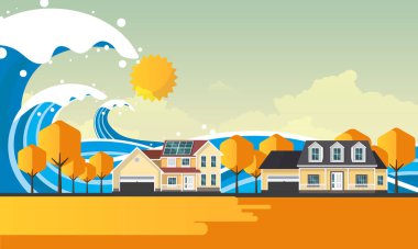 Tsunami, sel felaketi, vektör çizim. Taşıp manzara
