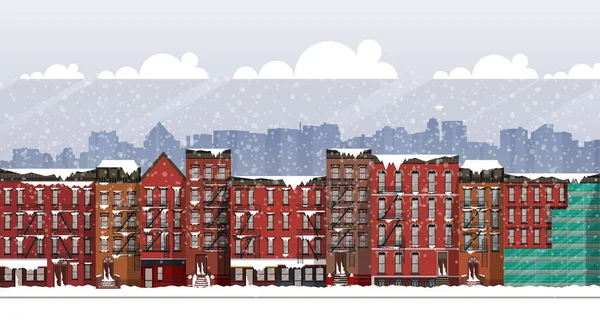 Vektorové Kresby Zmrazené Město Scénu Zasněžené Ulice Brooklynu Během Vánice — Stockový vektor