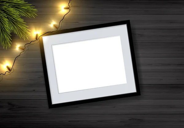 Vector Illustration Black Rustic Wooden Board Frame Golden Color Christmas — Stock Vector