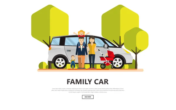 Coche Familiar Con Ilustración Vectores Familiares Felices Vector — Archivo Imágenes Vectoriales