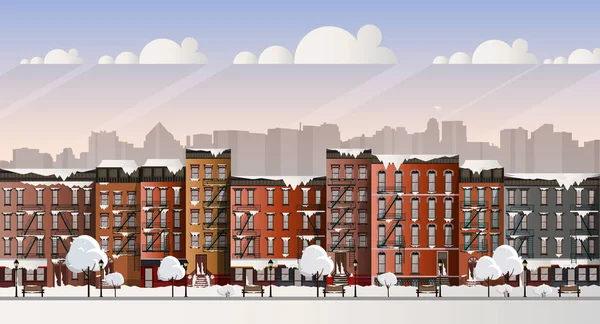 Cena Cidade Congelada Arte Vectorial Neve Rua Coberta Brooklyn Durante — Vetor de Stock