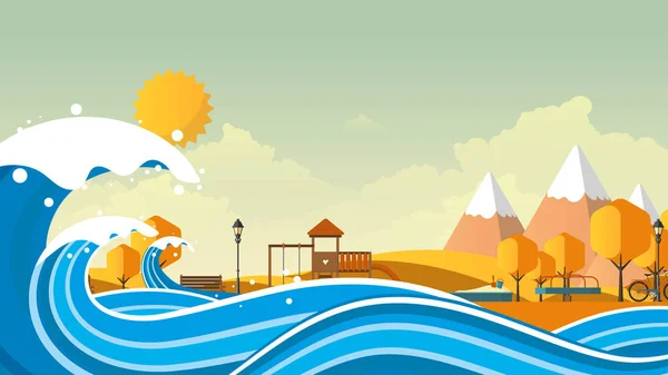 Tsunami Flood Disaster Vector Illustration Overflooded Landscape — Stock Vector