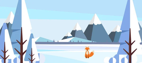 Paysage Hiver Avec Renard Dans Style Plat Illustration — Image vectorielle