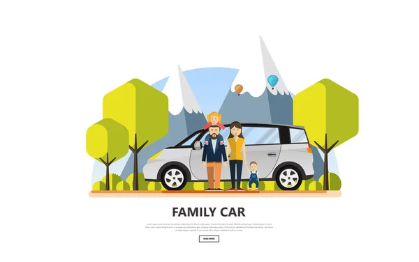 Coche Familiar Con Ilustración Vectores Familiares Felices Vector — Archivo Imágenes Vectoriales