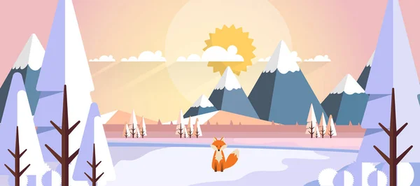 Paysage Hiver Avec Renard Dans Style Plat Illustration — Image vectorielle