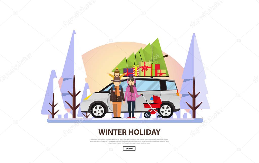 Family car with Christmas tree and  happy family  vector illustration. - Vector