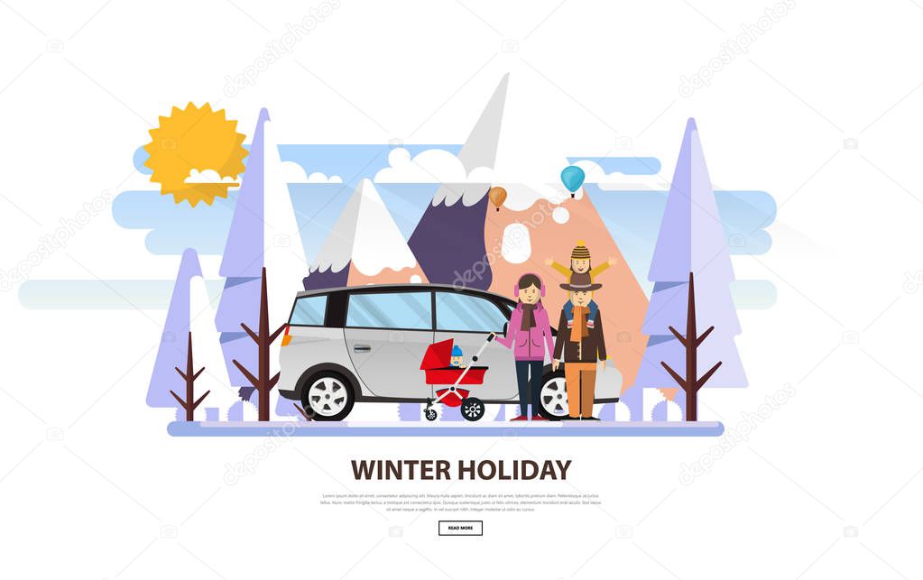 Family car with happy family in winter park   vector illustration. - Vector