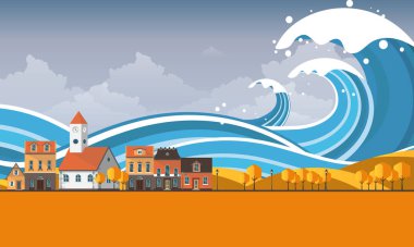 Tsunami, sel felaketi, vektör çizim. Taşıp manzara