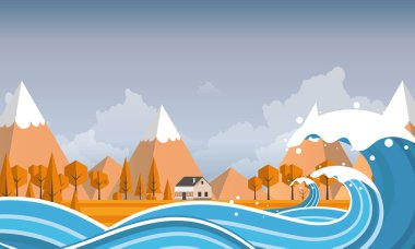 Tsunami, sel felaketi, vektör çizim. Taşıp manzara