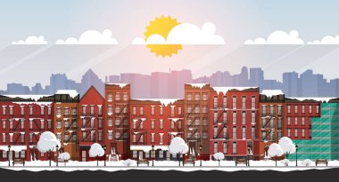 Vektör sanat şehir sahne donmuş. bir kar fırtınası sırasında Brooklyn'de karla kaplı sokak