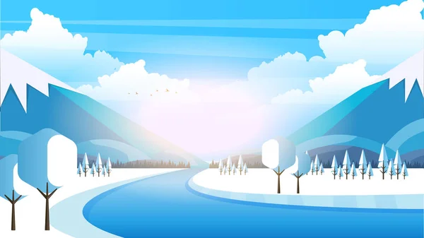 Paesaggio Invernale Con Montagne Fiume Stile Piatto Illustrazione — Vettoriale Stock