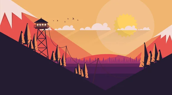 Paisaje Arte Vectorial Con Torre Vigilancia Incendios — Vector de stock