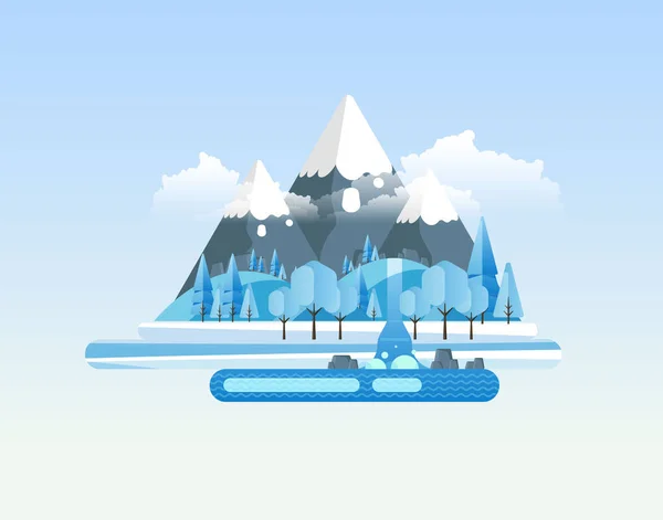 Winter Landscape with mountains and waterfall  in Flat Style Illustration