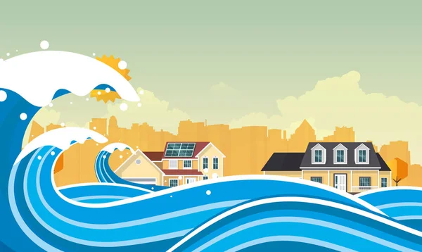 Tsunami Desastre Inundação Ilustração Vetorial Paisagem Inundada — Vetor de Stock