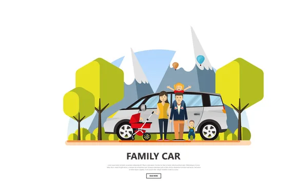 Coche Familiar Con Ilustración Vectores Familiares Felices Vector — Archivo Imágenes Vectoriales