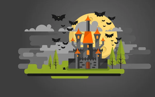 Flache Gestaltung Von Vektorschloss Und Landschaft Halloween — Stockvektor