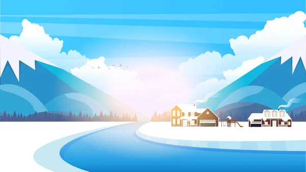 Paisaje Invierno Con Montañas Pequeño Pueblo Flat Style Illustration — Vector de stock