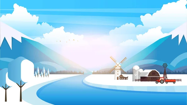 Зимний Пейзаж Фермой Горы Плоском Стиле Иллюстрации — стоковый вектор