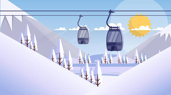 Cable Car Transportation Rope Way Over Mountain Hill Nature Winter Background Banner With Copy Space Flat Vector Illustration 
