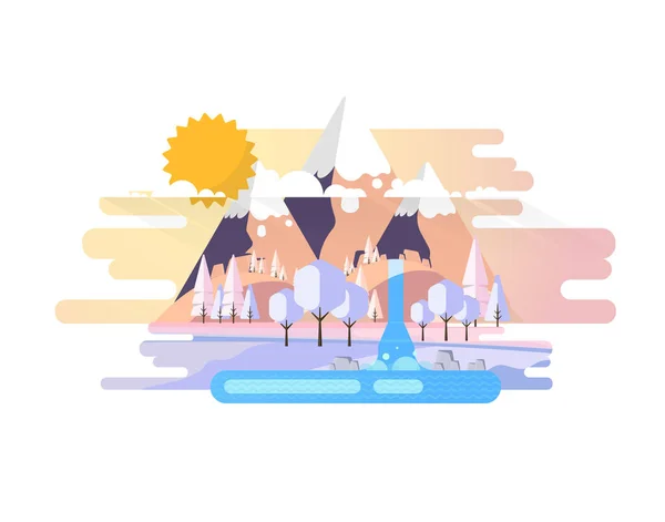 Paisaje Invierno Con Montañas Estilo Plano Ilustración — Vector de stock