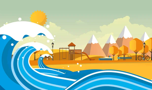 Tsunami Flood Disaster Vector Illustration Paysage Inondé — Image vectorielle