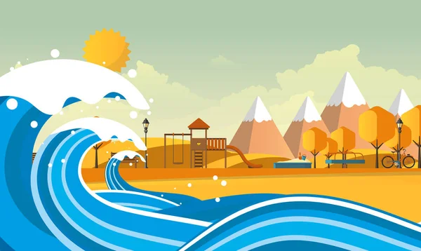 Tsunami Desastre Inundaciones Ilustración Vectorial Paisaje Inundado — Archivo Imágenes Vectoriales