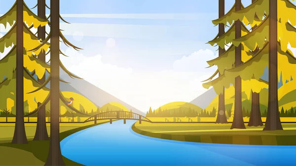 Vector Beautiful Flat Illustration Style Landscape Spring Summer Речные Горы — стоковый вектор