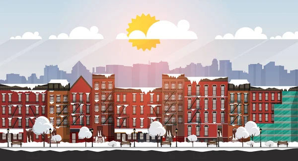 Vector Art Frozen City Scene Strada Innevata Brooklyn Durante Una — Vettoriale Stock