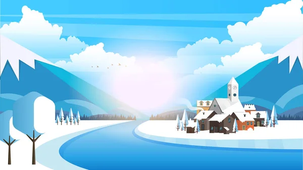 Pejzaż Zimowy Miasta Góry Płaska Styl Ilustracji — Wektor stockowy