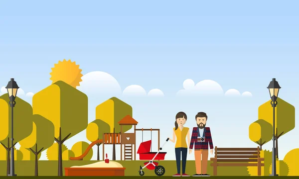 Família Feliz Parque Estilo Plano Vector Ilustração — Vetor de Stock