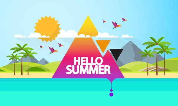 夏の抽象的なベクトルの背景 ビーチ ローポリゴンの風景と抽象の夏ラベル — ストックベクタ