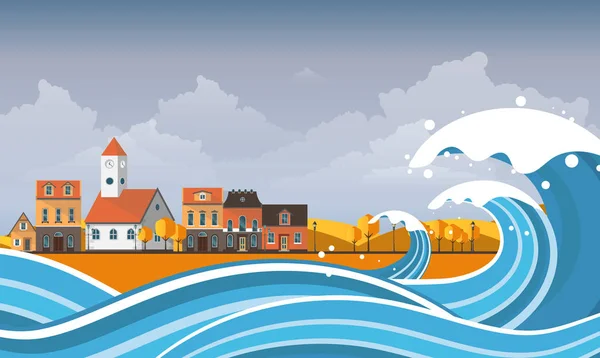 Tsunami Powódź Ilustracji Wektorowych Krajobraz Overflooded — Wektor stockowy