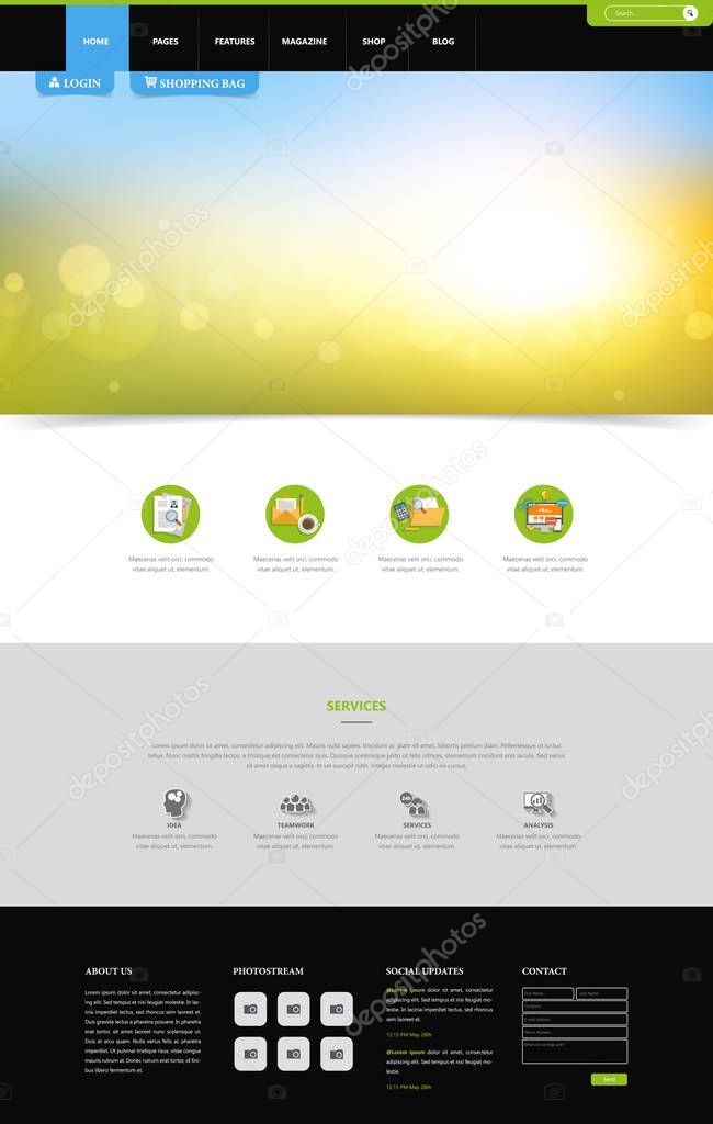 One Page Website Template, Simple and Clean Design with Blurred Header Design. Vector Illustration.