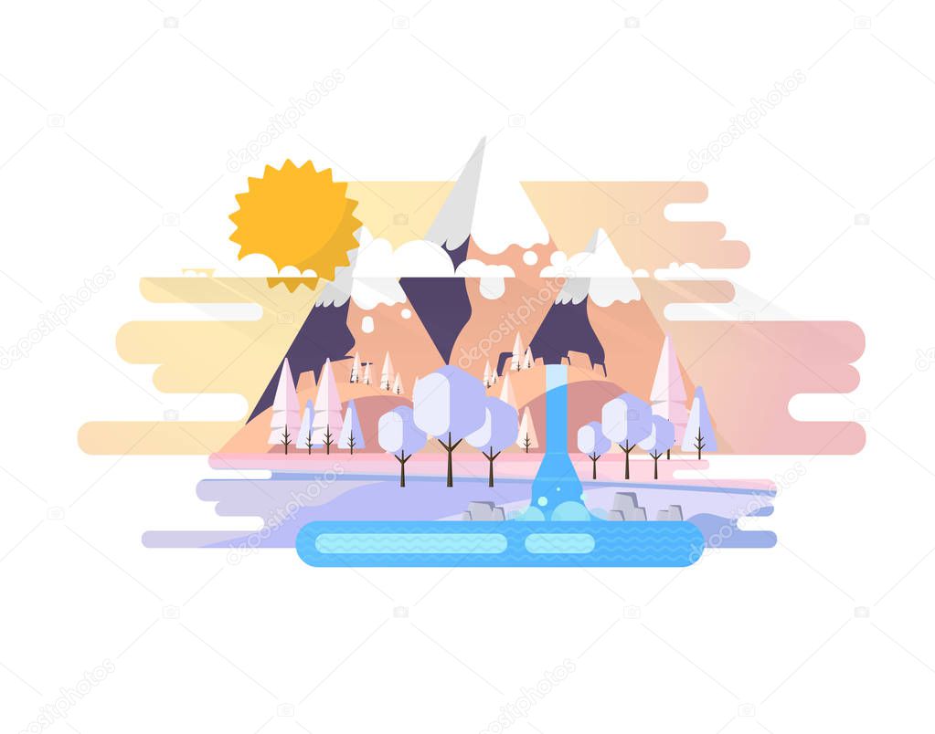 Winter Landscape with mountains in Flat Style Illustration