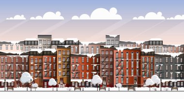 Vektör sanat şehir sahne donmuş. bir kar fırtınası sırasında Brooklyn'de karla kaplı sokak
