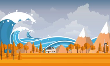 Tsunami, sel felaketi, vektör çizim. Taşıp manzara