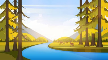 Bahar/yaz aylarında güzel düz şekil stili peyzaj vektör. Lotru Dağları ve ağaçları.