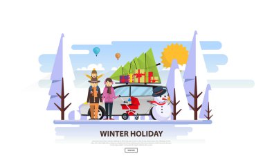 Noel ağacı ve mutlu aile vektör çizim ile aile arabası. -Vektör