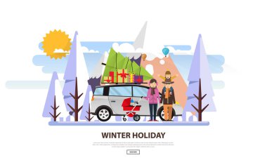 Noel ağacı ve mutlu aile vektör çizim ile aile arabası. -Vektör