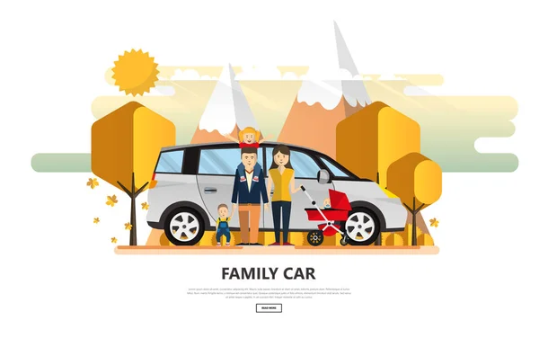 Οικογενειακό Υπόβαθρο Του Φθινοπώρου Ευτυχισμένη Οικογένεια Αυτοκίνητο — Διανυσματικό Αρχείο