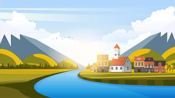 Vector Beautiful Flat Illustration Style Landscape Spring Summer River Mountains — Stock Vector