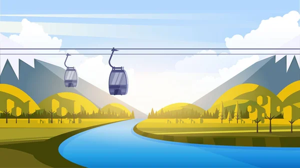 Vector Bela Paisagem Estilo Ilustração Plana Primavera Verão Montanhas Árvores — Vetor de Stock