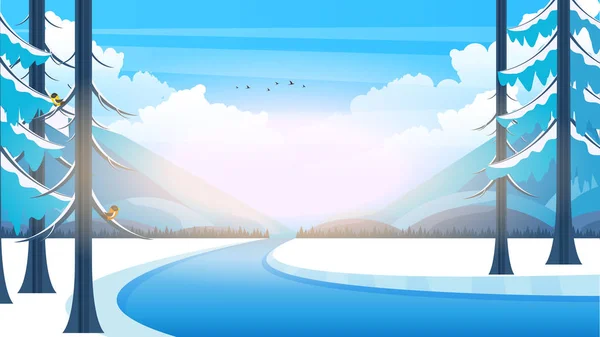 Winterlandschaft Mit Winterwald Flachen Stil Illustration — Stockvektor