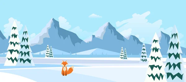 Paisaje Invierno Con Fox Ilustración Estilo Plano — Archivo Imágenes Vectoriales