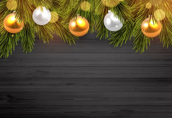 矢量插图圣诞树分支在木质背景与空间为您的文本 带圣诞灯的空白背景 — 图库矢量图片
