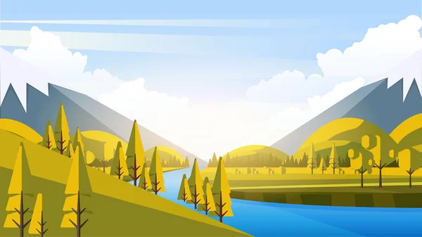 Διάνυσμα Όμορφη Επίπεδη Απεικόνιση Στυλ Τοπίο Την Άνοιξη Καλοκαίρι Ποταμός — Διανυσματικό Αρχείο