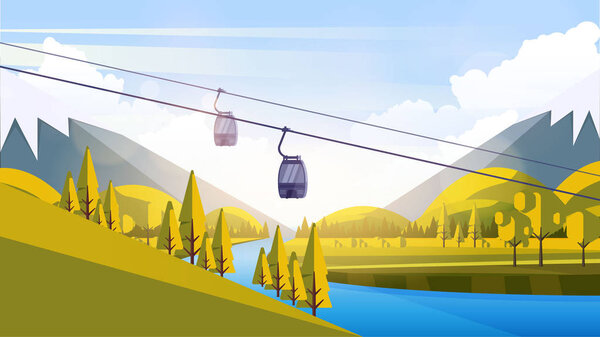Vector Beautiful Flat Illustration Style Landscape in Spring/Summer. River Mountains and Trees with Cable Car.